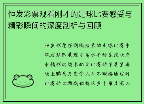 恒发彩票观看刚才的足球比赛感受与精彩瞬间的深度剖析与回顾